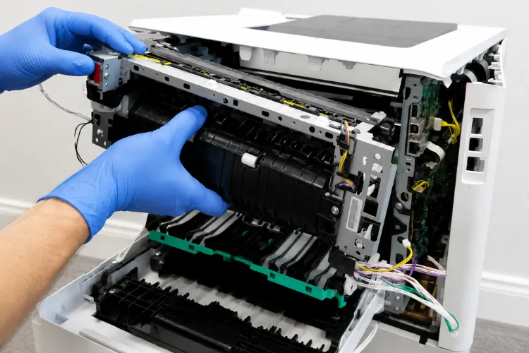 Rear door and fuser area paper path inspection on an HP LaserJet Enterprise printer