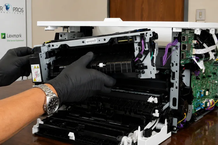 Technician removing a fuser assembly from the rear of an HP LaserJet printer during a 50.x fuser error repair