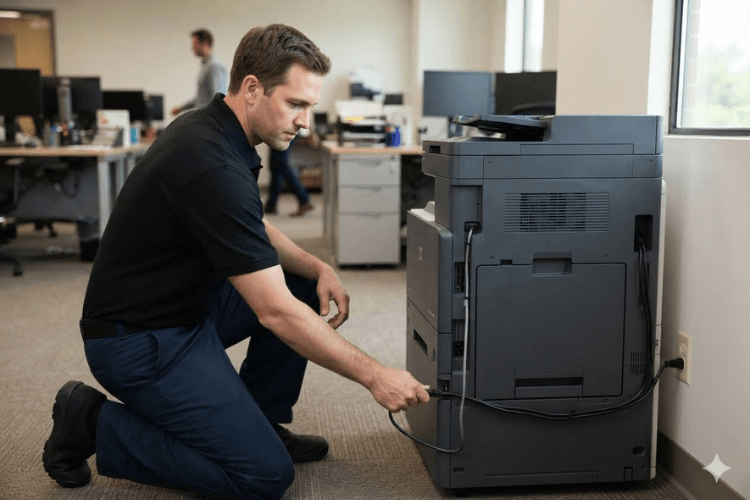 Technician checking the power connection at the back of an office HP LaserJet printer