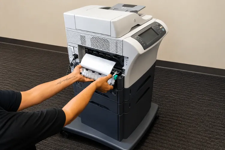 Technician installing a replacement fuser and maintenance kit in an HP LaserJet during an onsite service call