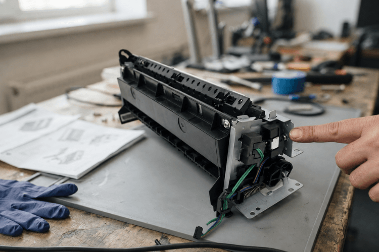 Removed HP LaserJet fusing assembly showing pressure roller wear during a fuser error diagnosis
