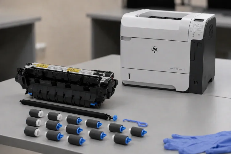 Fuser assembly, transfer roller, and pickup rollers from a printer maintenance kit
