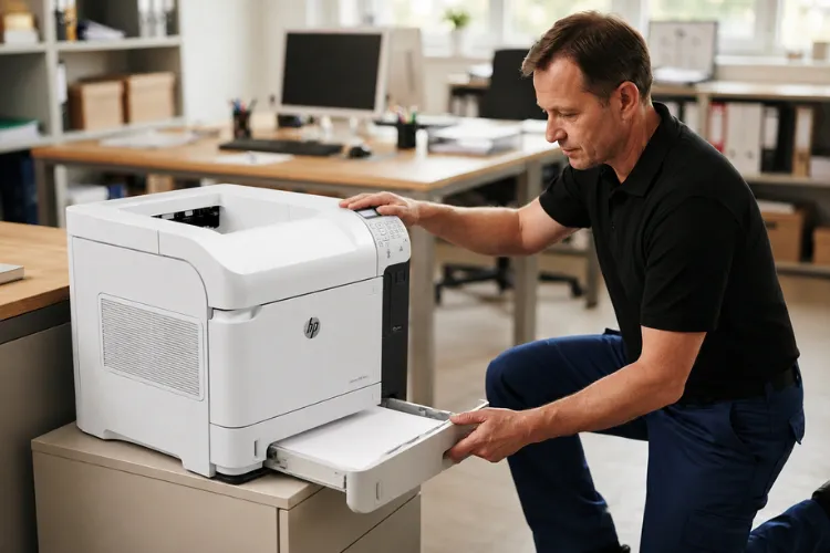 Technician reloading a paper tray after installing a printer maintenance kit