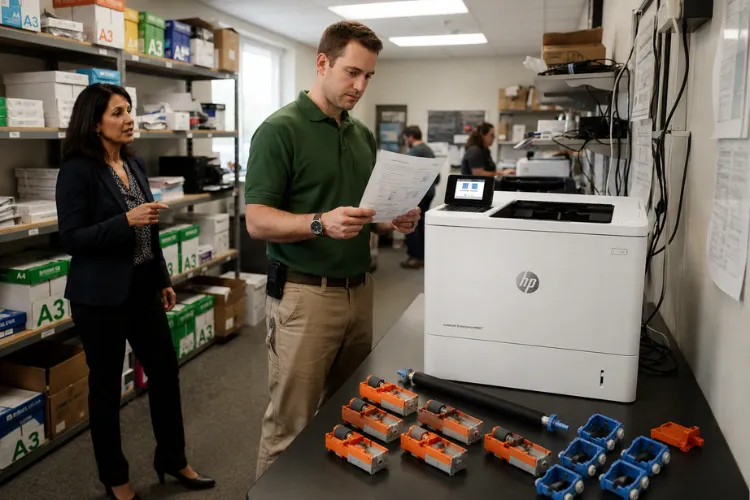 Maintenance kit contents including fuser, transfer roller, pickup rollers, and feed rollers laid out beside a laser printer