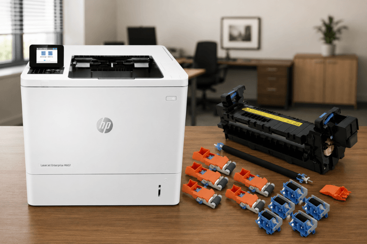 Fuser, transfer roller, and pickup and separation rollers from an HP LaserJet M610 maintenance kit laid out before installation