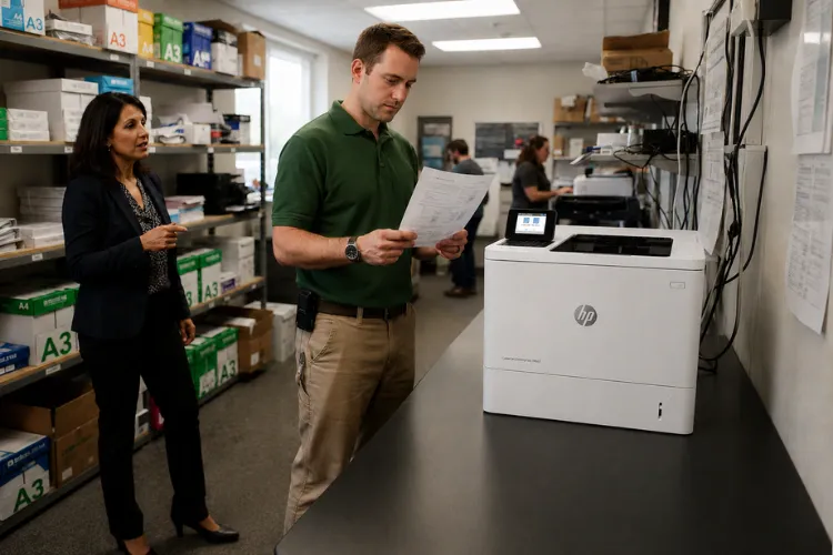 Technician reviewing a configuration page to verify the maintenance count after installing a kit on an HP LaserJet M612