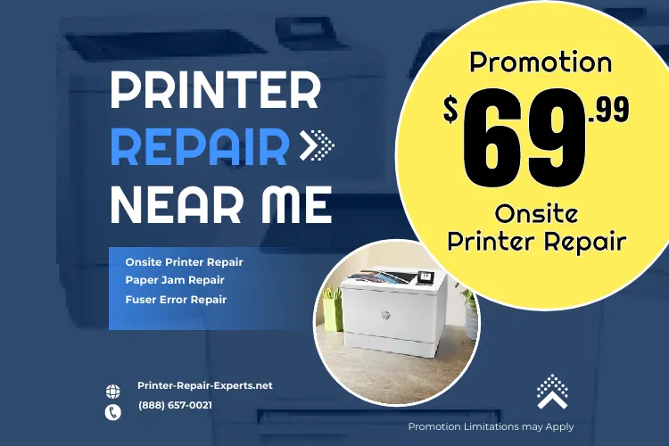 Printer Repair Near Me - Printer Repair Experts onsite HP LaserJet repair offer with phone number, email, six-month warranty and $69.99 promotion