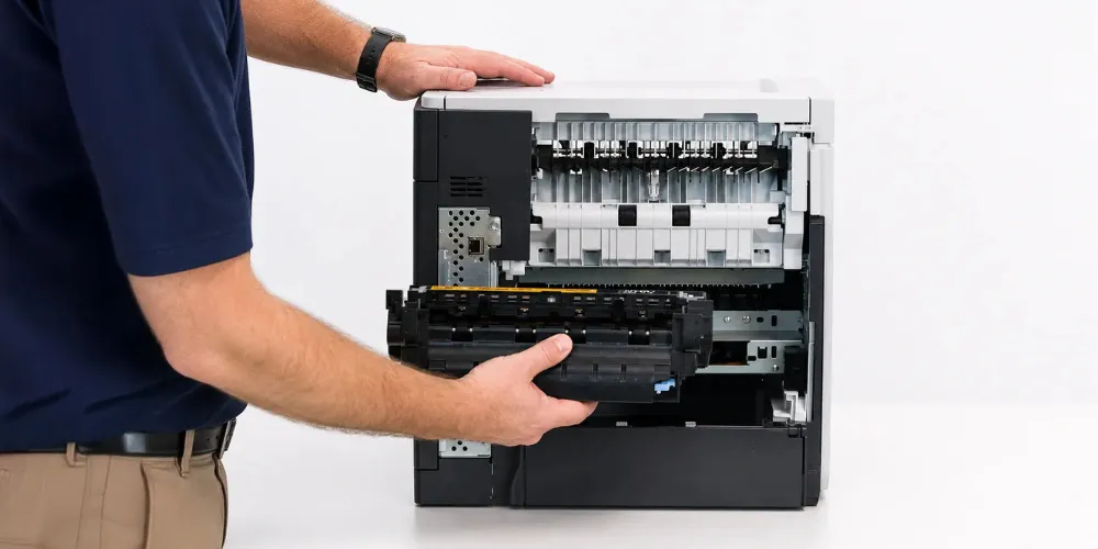HP Laserjet P4014 P4015 P4515 Printer Repair technician removing the fusing assembly through the rear access door