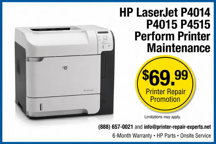 HP LaserJet P4014 P4015 P4515 Perform Printer Maintenance service graphic showing an HP LaserJet P4015 printer alongside Printer Repair Experts contact details and a promotional badge