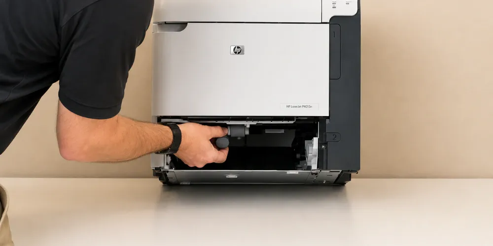 New pickup, feed, and separation rollers beside a worn glazed roller removed from an HP LaserJet P4015