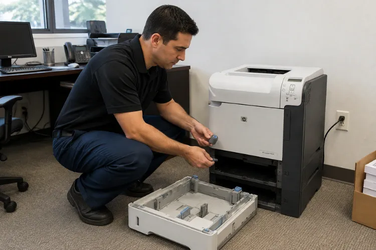 Technician replacing a worn pickup roller in the paper tray bay of an HP LaserJet P4515 printer during onsite maintenance