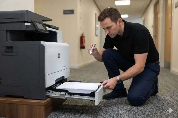 Technician inspecting an HP LaserJet paper tray during a preventive maintenance visit