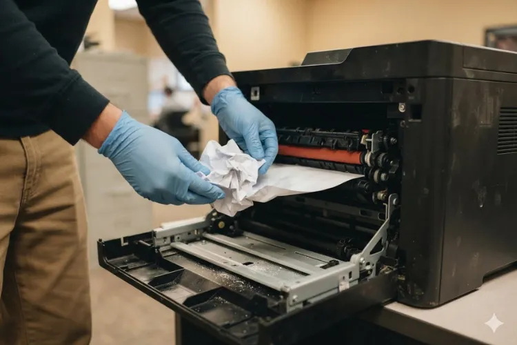 Technician clearing an HP LaserJet paper jam from the rear door and fuser area during an onsite service call