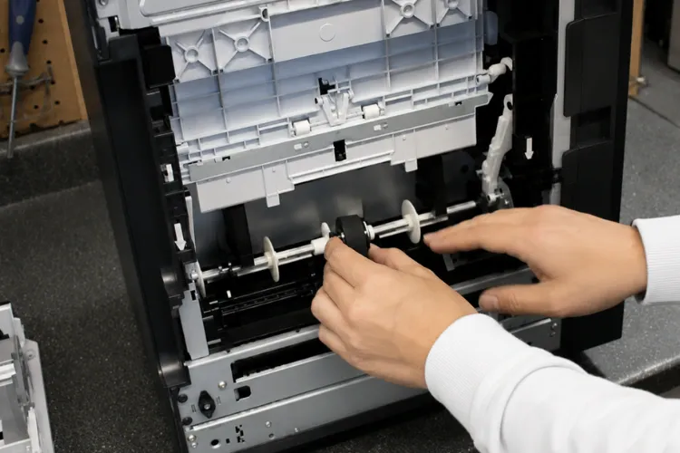 Worn pickup and feed rollers exposed during an HP LaserJet paper jam repair in a La Mirada office
