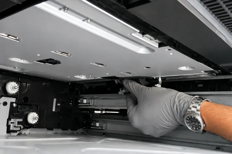 Close-up of a technician replacing a worn pickup roller inside an HP LaserJet paper tray during onsite service