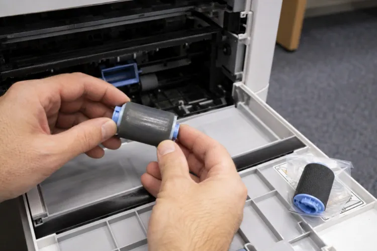 Technician replacing a worn pickup roller in an HP LaserJet paper tray to stop recurring paper jams