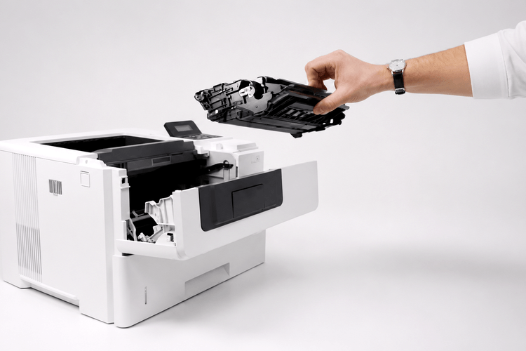 Office manager comparing smudged prints while troubleshooting poor print quality on an HP LaserJet printer