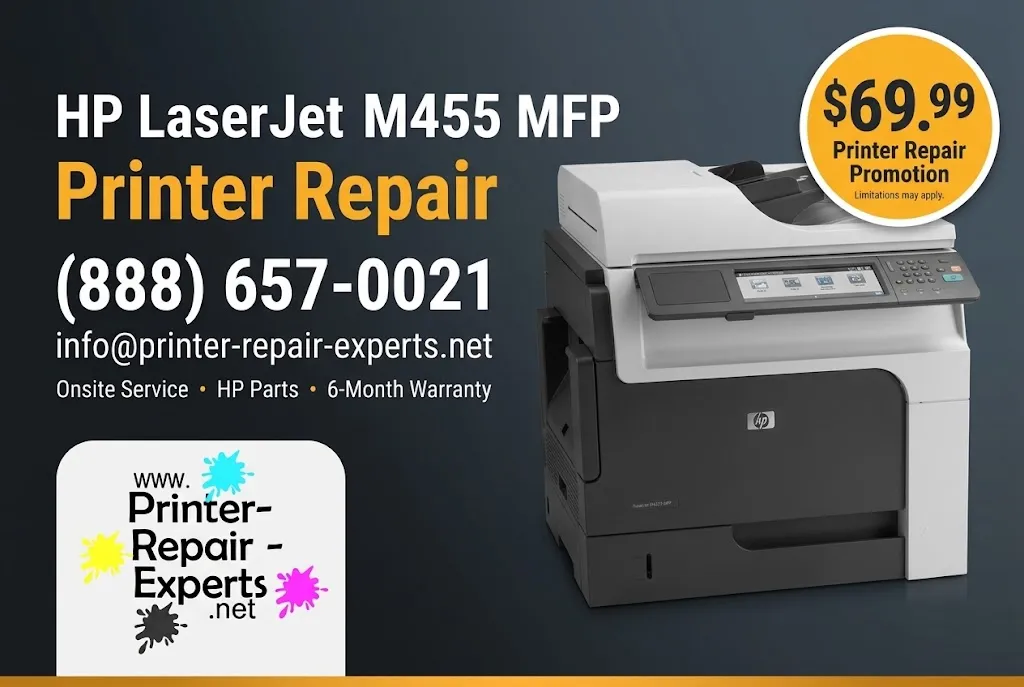 HP LaserJet M4555 MFP Printer Repair marketing graphic showing an HP LaserJet Enterprise M4555 MFP with the Printer Repair Experts logo, a $69.99 onsite promotion badge, phone number and 6-month warranty