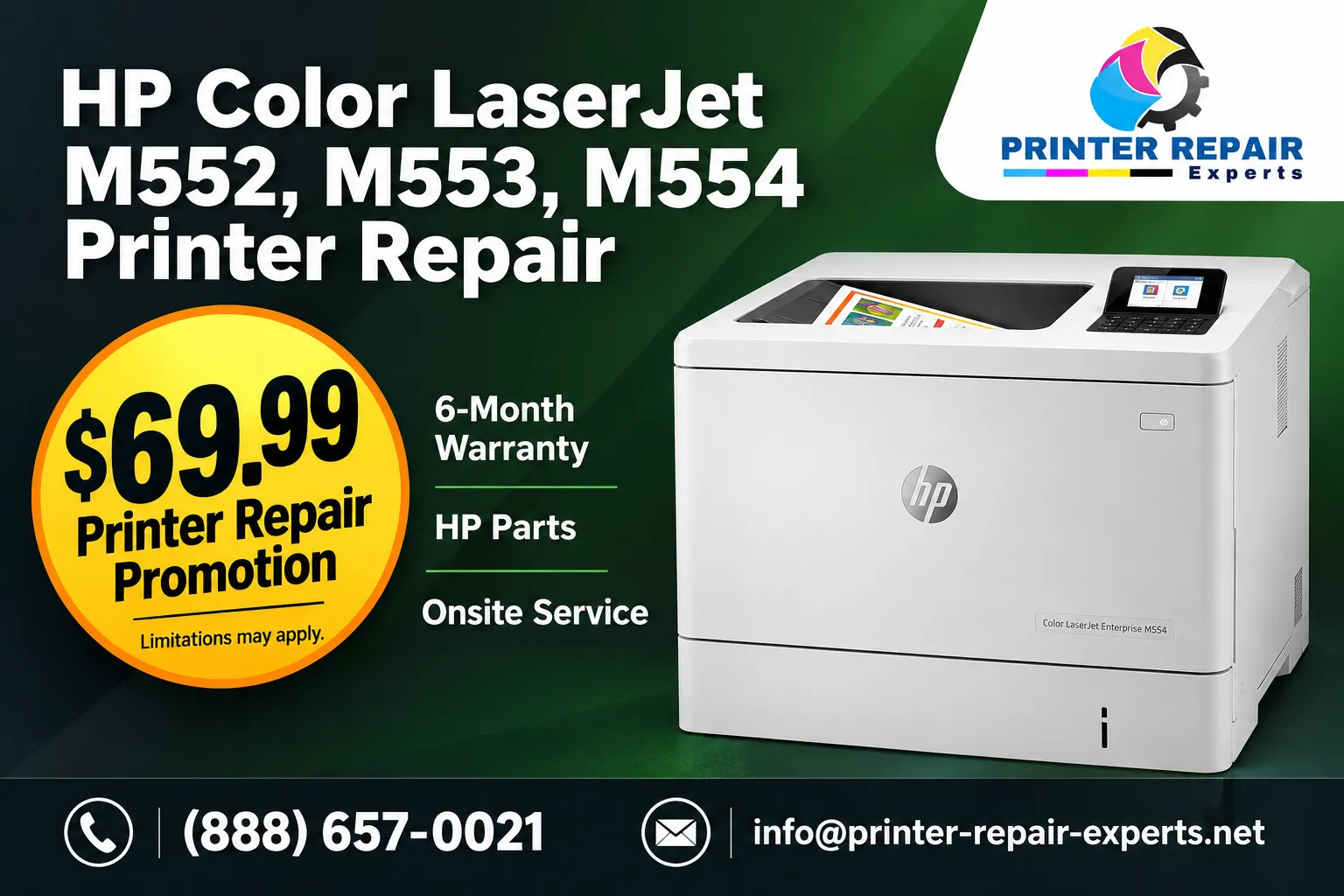 HP Color LaserJet M552, M553, M554 Printer Repair promotional graphic showing an M554dn printer, the $69.99 Printer Repair Promotion badge, and Printer Repair Experts contact details