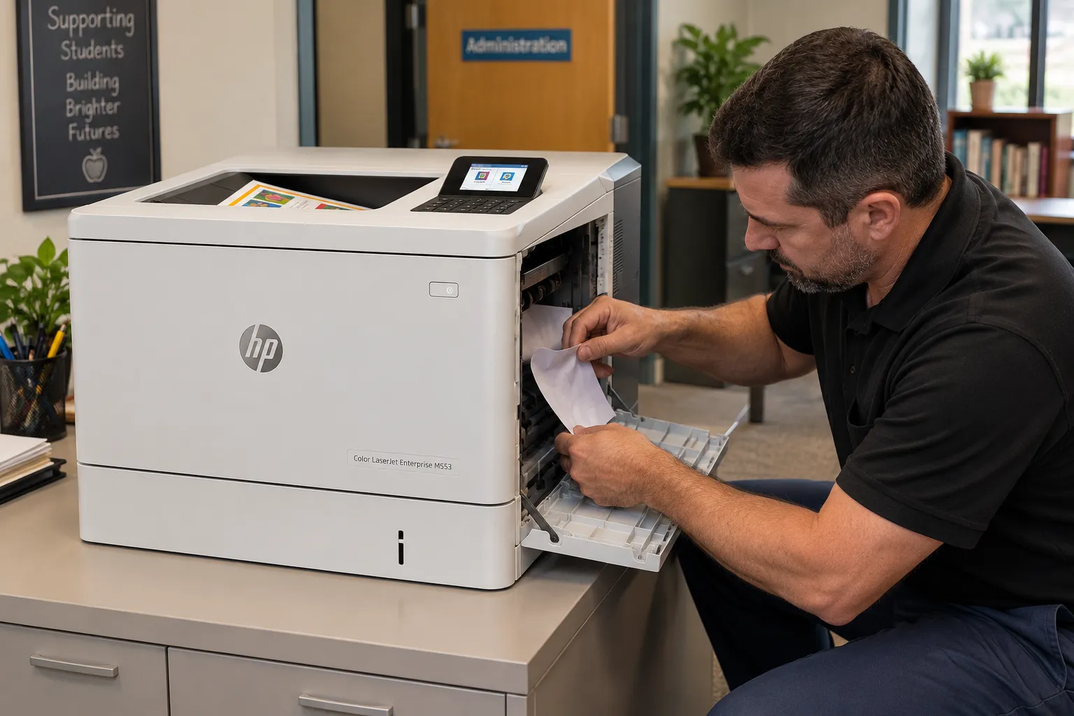 Technician clearing a jammed sheet from the open right door of an HP Color LaserJet Enterprise M553 printer