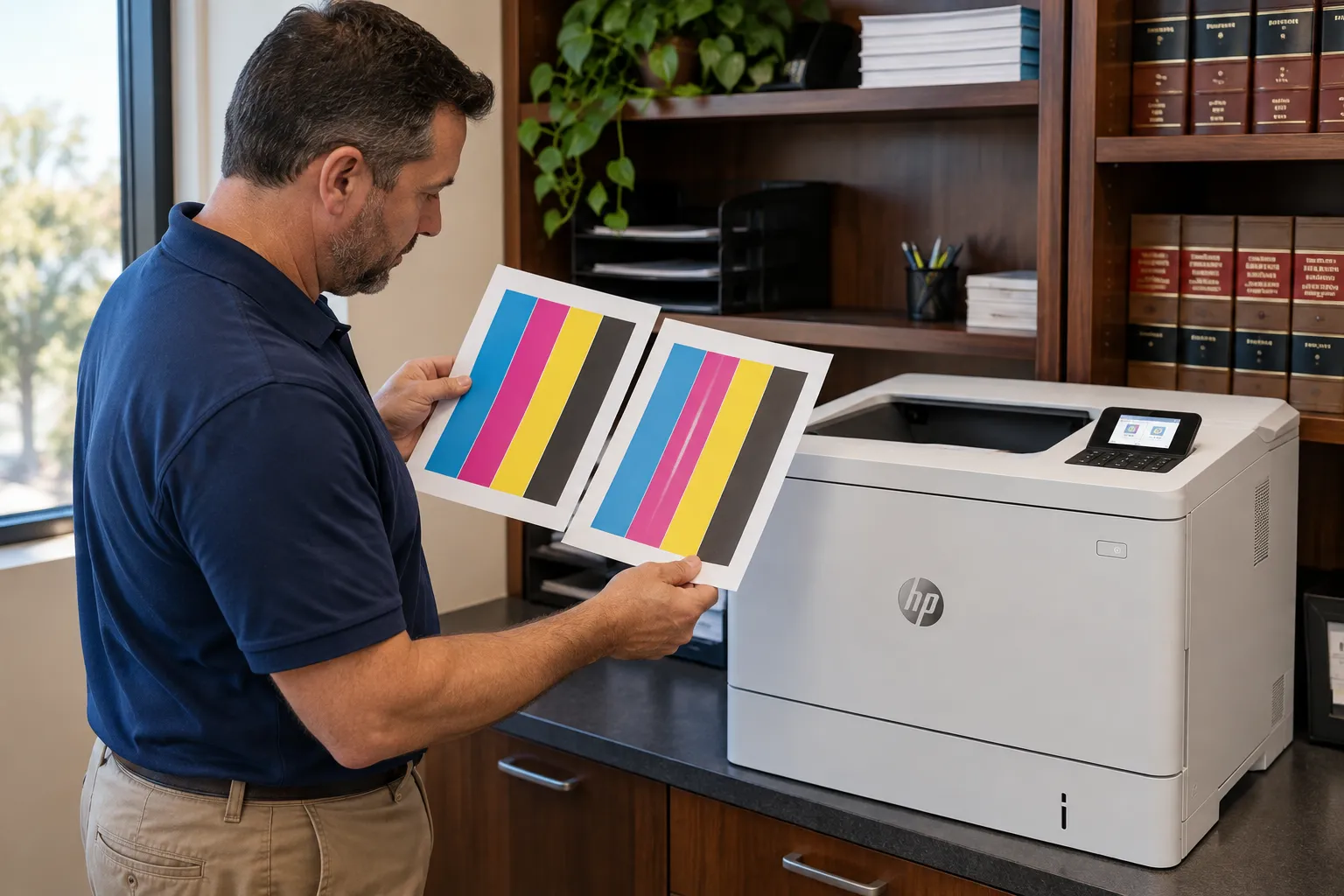 Technician comparing color test pages printed by an HP Color LaserJet Enterprise M554dn