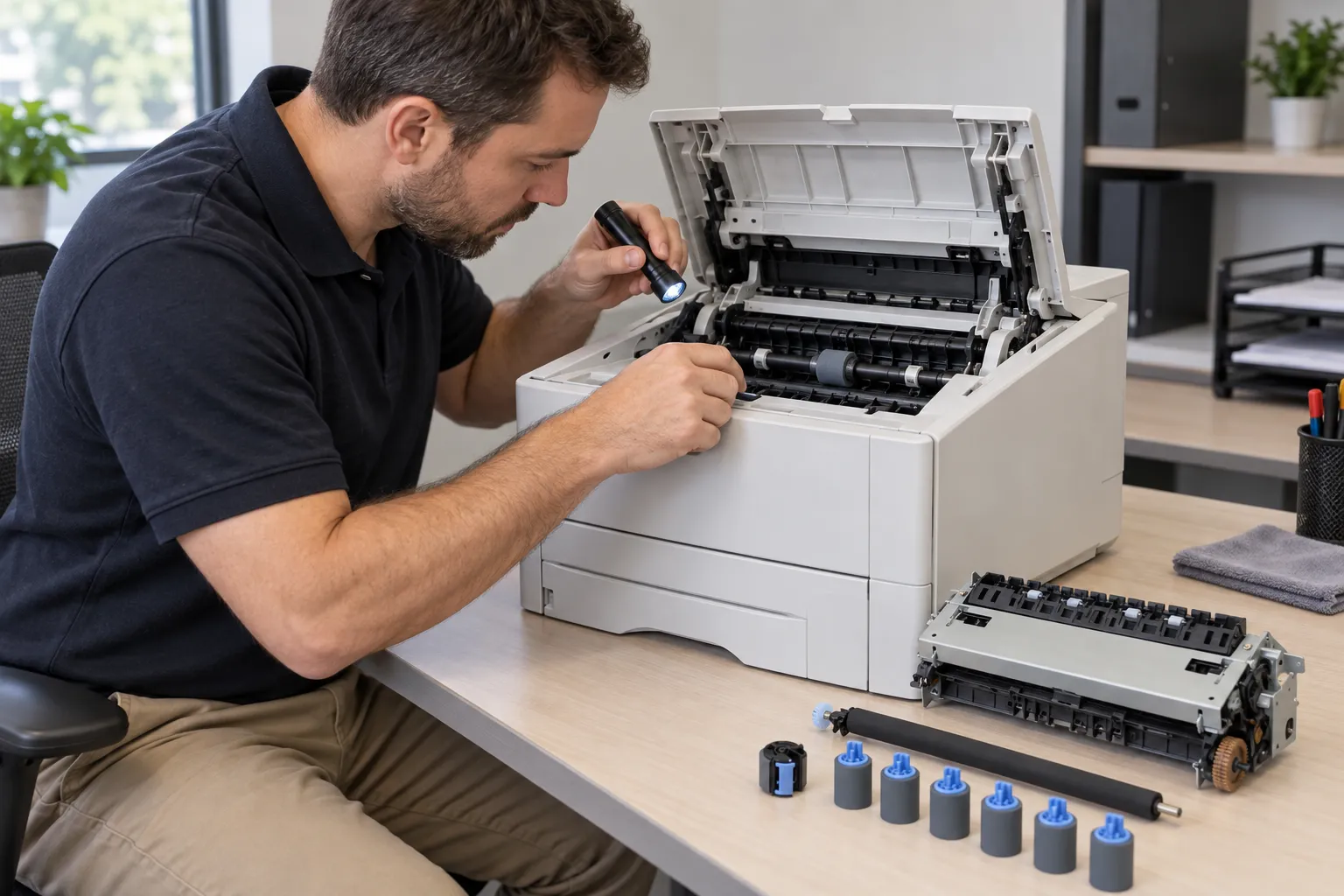 Replacement fuser and feed rollers laid out next to an HP LaserJet 4000 4050 4100 printer during a scheduled maintenance kit installation