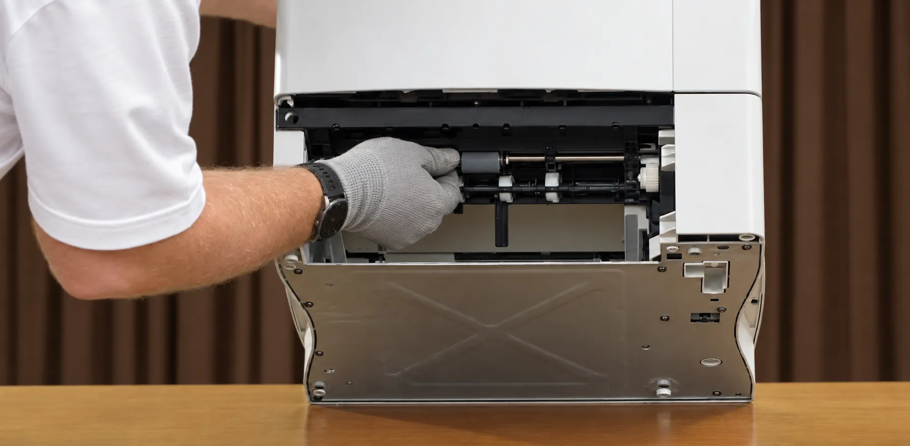 Technician inspecting the paper-path rollers inside an HP LaserJet 4000 4050 4100 series printer during an onsite paper jam repair