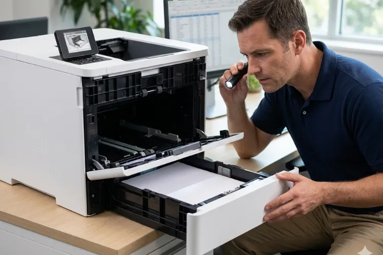 Technician inspecting the pulled-out 550-sheet paper tray of an HP LaserJet Enterprise M608dn during a recurring paper jam diagnosis