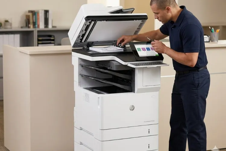 Service technician opening the document feeder on an HP LaserJet Enterprise MFP M634 to diagnose repeated feeder misfeeds