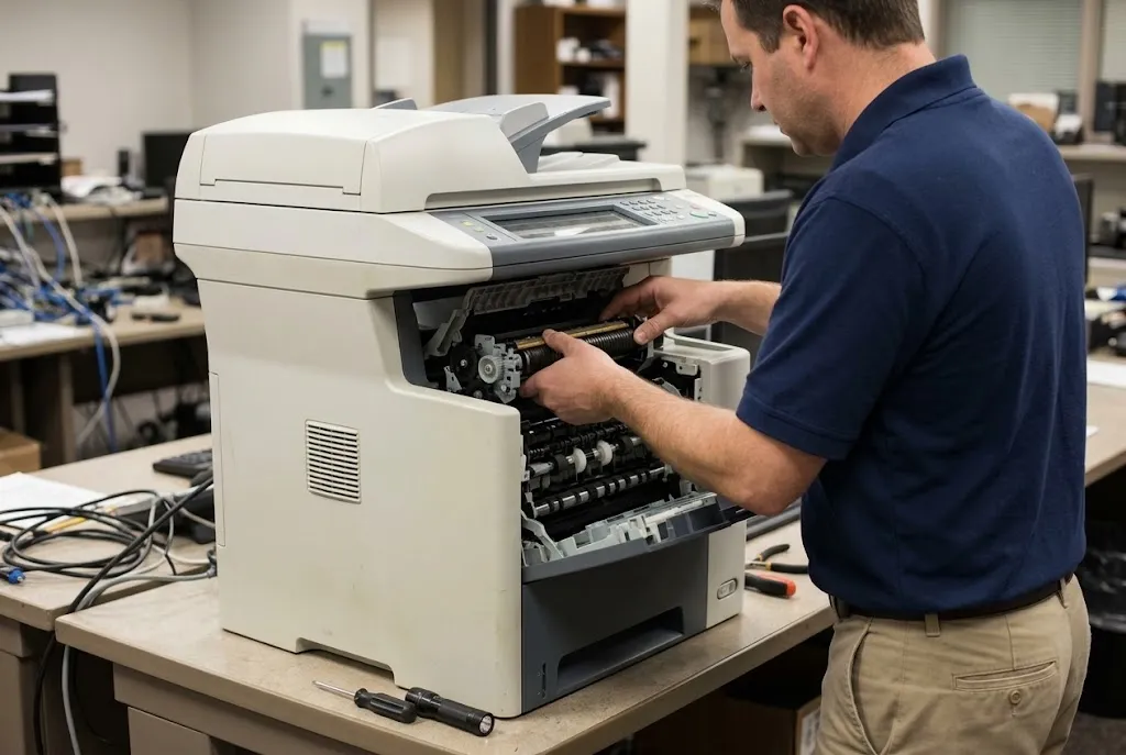 HP LaserJet M3027 MFP fuser assembly inspection during an onsite repair visit.