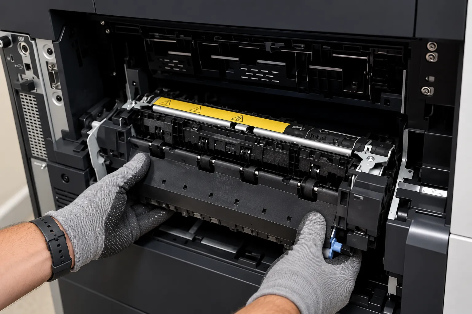 Technician installing a replacement fusing assembly in an HP LaserJet Enterprise M4555 MFP