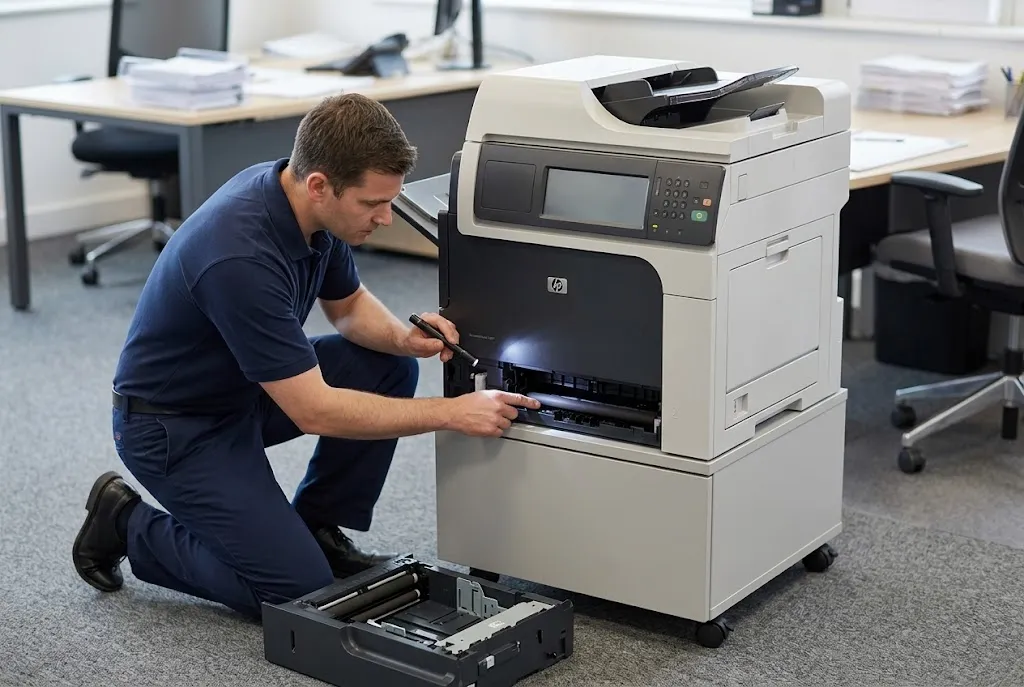 Technician inspecting the Tray 2 paper-feed roller area of an HP LaserJet Enterprise M4555f MFP