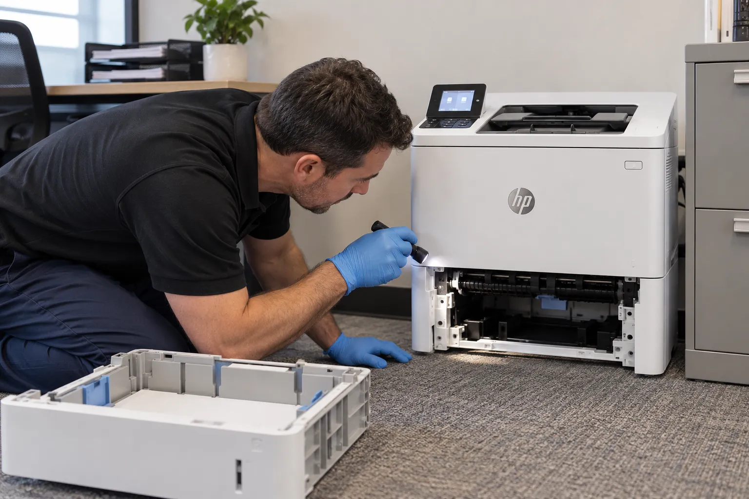 Technician inspecting the Tray 2 pickup, feed, and separation rollers on an HP LaserJet Enterprise M608