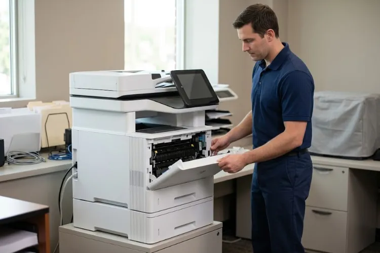 Technician accessing the right-door fuser area on an HP LaserJet Enterprise MFP M631 M632 M633