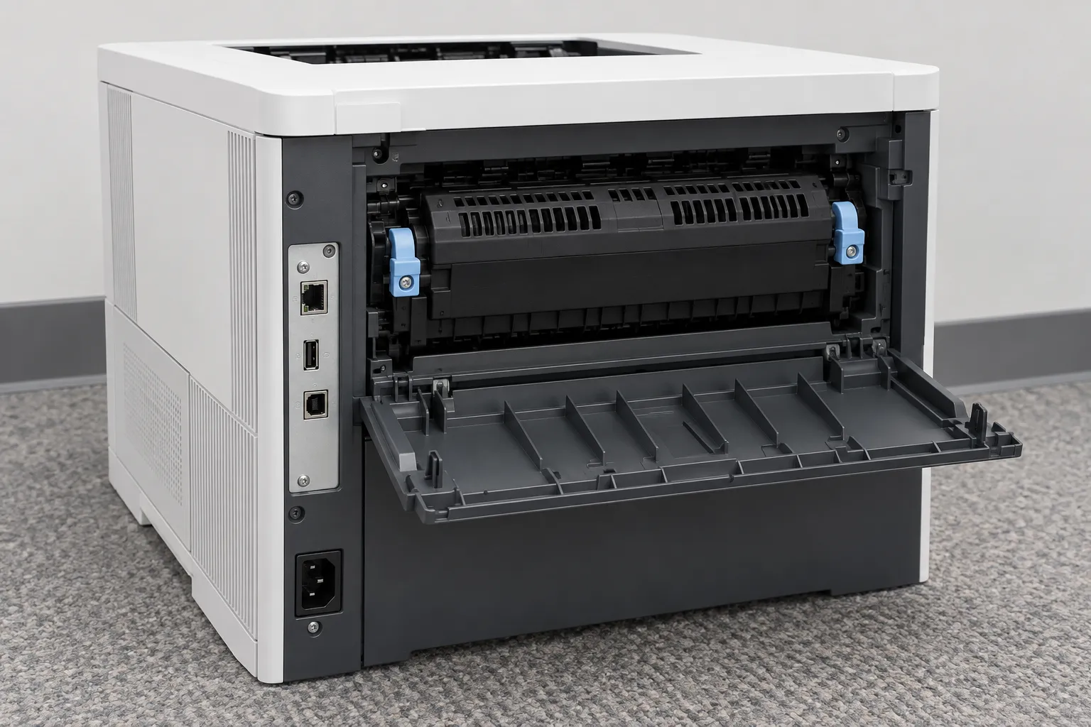 Rear door of an HP LaserJet Managed E60175dn opened to show the fuser assembly and its side latches
