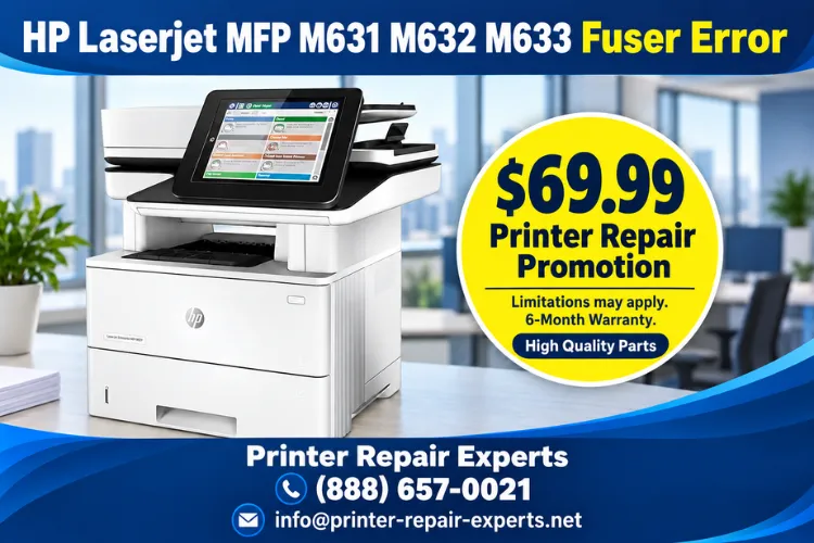 HP Laserjet MFP M631 M632 M633 Fuser Error repair promotion with pricing and contact information" | Title: "HP Laserjet MFP M631 M632 M633 Fuser Error – Featured