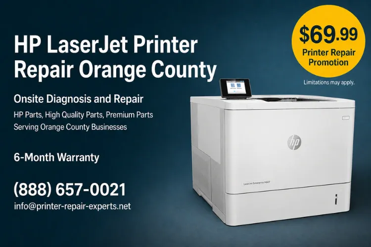 HP LaserJet Printer Repair Orange County promotion graphic showing an HP LaserJet Enterprise M608dn with the $69.99 Printer Repair Promotion badge, 6-month warranty, and contact details for Printer Repair Experts