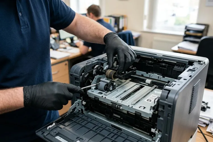 Technician inspecting HP LaserJet paper path and pickup rollers during onsite diagnosis