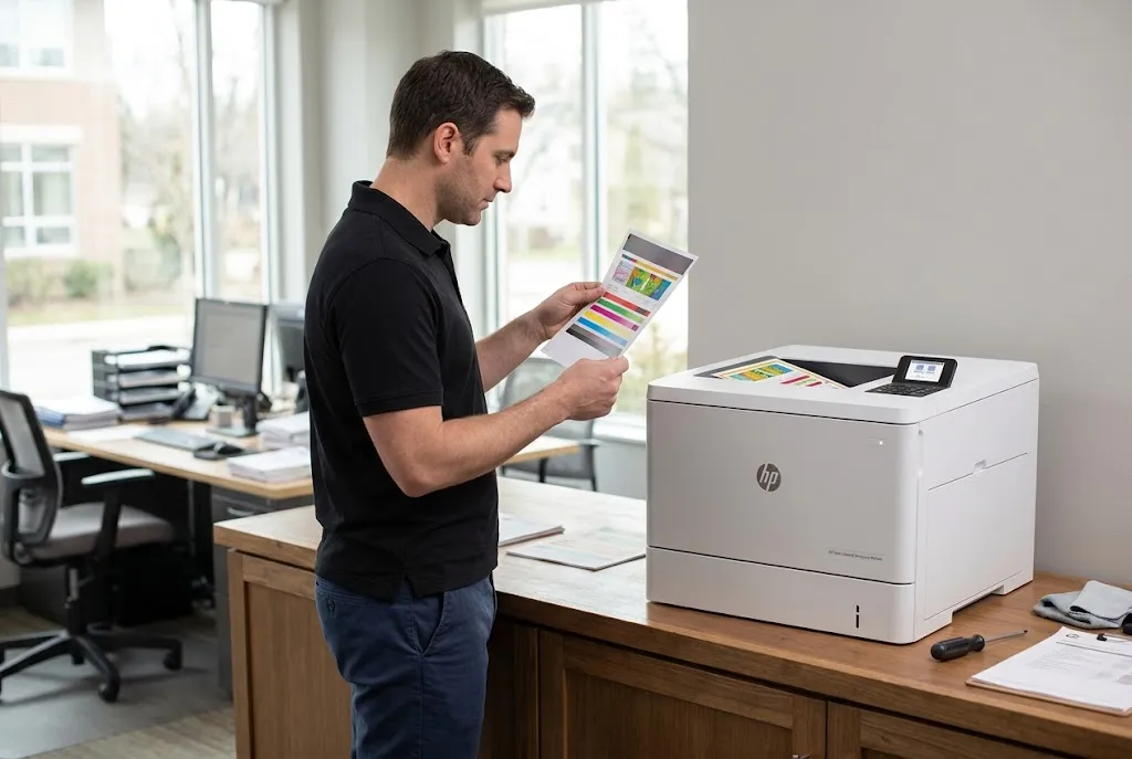 Technician reviewing a color test page from an HP Color LaserJet Enterprise M554dn to diagnose a print-quality problem