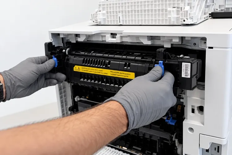 Fuser assembly being pulled straight out of the rear door of an HP LaserJet Enterprise M608 by its blue handles