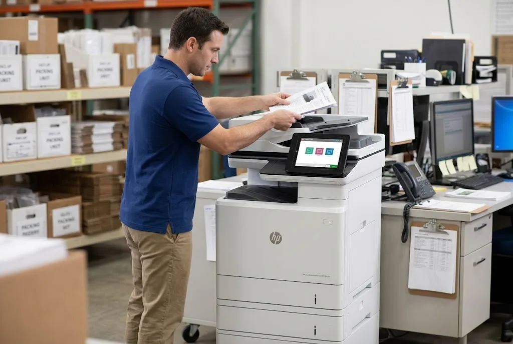 Technician loading originals into the document feeder of an HP LaserJet Enterprise Flow MFP M631h during onsite service